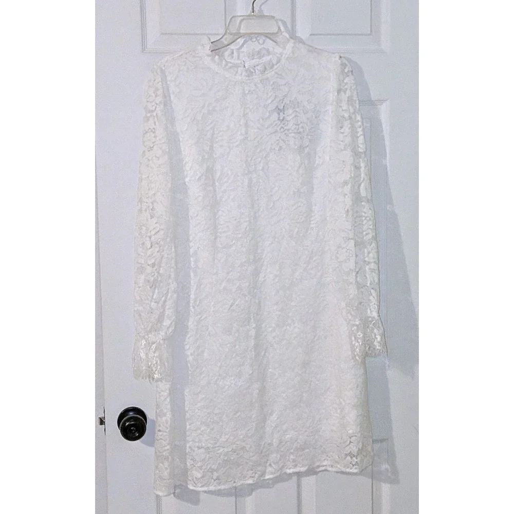 Allegra K White Lace Mock Neck Long Sleeve Mini Dress Women's Size L NWT NO BELT - Picture 3 of 11